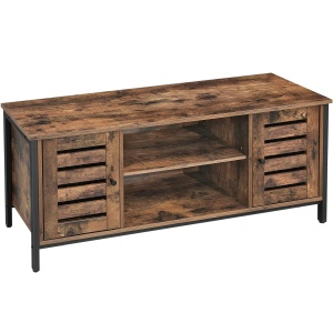VASAGLE Comoda joasa pentru suport TV, cu rafturi si 2 spatii de depozitare cu usa, stil industrial, 110x40x50cm, maro rustic si negru