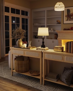VASAGLE Consola hol 100x30x80 cm, 2 sertare, raft deschis, colturi rotunjite, stil boho, MDF si ratan PVC, bej stejar - Img 4