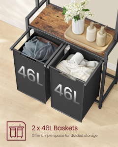 VASAGLE Cos de rufe, 2 compartimente, saci de rufe detasabili, 1 raft, tija umerase, 2x46L, 73x33x175cm, maro rustic - Img 4