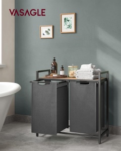 VASAGLE Cos de rufe, 2 compartimente, saci de rufe detasabili, raft, cadru metalic, 2x46L, 73x33x72 cm, maro rustic si gri - Img 2