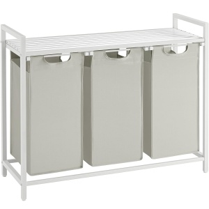 VASAGLE Cos de rufe, 3 compartimente, saci de rufe detasabili, raft, cadru metalic, 3x38L, 93x33x72 cm, alb