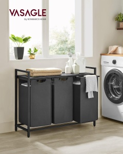 VASAGLE Cos de rufe, 3 compartimente, saci de rufe detasabili, raft, cadru metalic, 3x38L, 93x33x72 cm, negru - Img 2