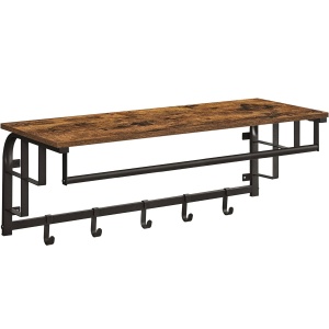 VASAGLE Cuier de perete cu raft de depozitare, 5 carlige, 30x80x27 cm, maro rustic - Img 1