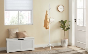 VASAGLE Cuier pentru haine, din lemn masiv, tip pom, cu 8 carlige, 175cm, alb - Img 2