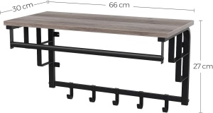 VASAGLE Cuier perete cu polita, bara si 5 carlige, 66x27x30 cm, gri - Img 3