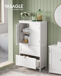 VASAGLE Dulap de baie, din MDF, cu 2 sertare si 2 usi, raft reglabil, 30x60x110cm, alb - Img 2