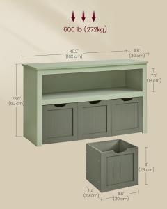 VASAGLE Dulap depozitare jucarii, din MDF, cu 3 compartimente detasabile pe roti, 30x102x60 cm, verde - Img 3