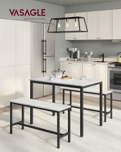 VASAGLE Masa de bar cu 2 banci, design industrial, 110x70x75 cm, alb marmura - Img 2