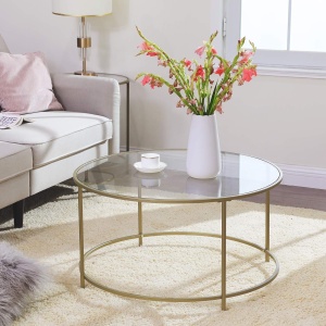 VASAGLE Masa de cafea rotunda, din sticla securizata cu cadru metalic, 84x84x45cm, auriu - Img 2