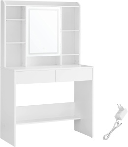 VASAGLE Masa de toaleta cu oglinda, iluminare LED reglabila, 2 sertare, 90x40x145cm, alb - Img 2