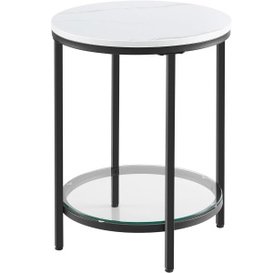 VASAGLE Masa rotunda, cu cadru de otel, noptiera, 45x55cm, negru cu blat alb aspect marmura - Img 1