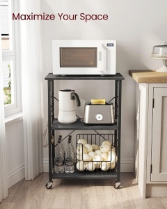 VASAGLE Raft de bucatarie pe roti, carucior de servire cu 3 rafturi, cadru metalic, 40x60x89 cm, design industrial, negru - Img 3