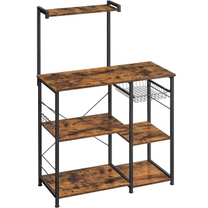 VASAGLE Raft de bucatarie, suport pentru cuptorul cu microunde, cos de sarma, 6 carlige S, 39x90x132cm, maro rustic - Img 1