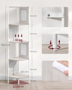 VASAGLE Raft de colt boho, cadru metalic, polite MDF si panouri poliratan, 32x32x156cm, alb - Img 3