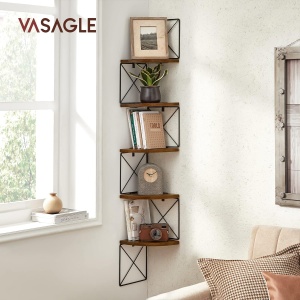 VASAGLE Raft de perete pentru colt, cadru otel cu 5 etaje din MDF, 20x20x128cm, maro rustic si negru - Img 2