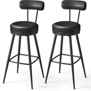 VASAGLE set 2 scaune de bar rotative 360°, cu spatar, inaltime 101 cm, piele sintetica, cadru otel, stil modern, negru - Img 1