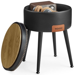 VASAGLE Taburet cu spatiu de depozitare, tapitat PU, cu 2 fete, diametru 32 cm, negru - Img 1