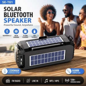 Boxa portabila solara SE-T02, Bluetooth 5.0, 1500mAh, autonomie pana la 6 ore, incarcare solara, USB, TF Card, negru