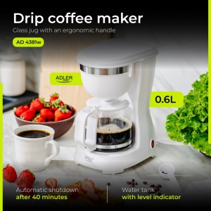 Cafetiera cu filtru Adler, 600 W, AD4381W, functie blocare picurare, filtru detasabil, alb - Img 3