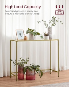 Consola metalica Vasagle, 100 × 20 × 80 cm, blat sticla securizata, auriu - Img 6