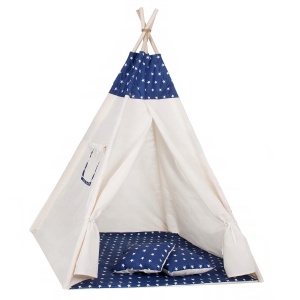 Cort copii Sersimo stil indian Teepee Tent cu fereastra, covoras gros si 2 perne, alb albastru inchis cu stelute - Img 1