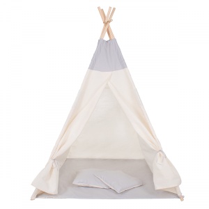 Cort copii Sersimo stil indian Teepee Tent cu fereastra, covoras gros si 2 perne, alb gri monocrom - Img 4