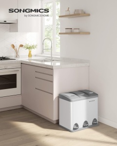Cos gunoi colectare selectiva Songmics, 3 compartimente cu pedale, 24 L, alb‑gri - Img 4