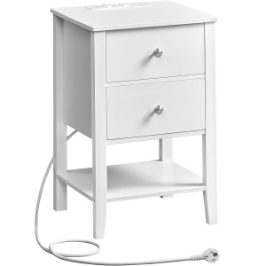 RESIGILAT: VASAGLE Noptiera din bambus, cu 2 sertare, 2 prize si 2 USB, 35x40x60 cm, alb - Img 1