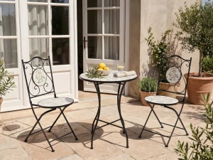 Set 2 scaune fier forjat pentru gradina COLLIO, pliabile, metal negru si ceramica, stil vintage - Img 4