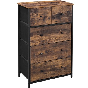 SONGMICS Comoda cu 5 sertare 56x30x89 cm, cadru metalic si blat MDF, manere lemn, maro rustic si negru - Img 1
