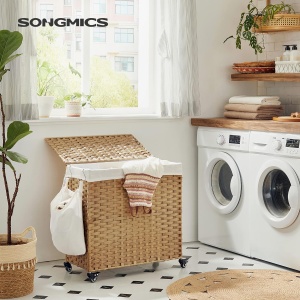 SONGMICS Cos de rufe tesut manual, cu captuseala detasabila lavabila, 3 compartimente, stil ratan, 140 litri, 66x33x60 cm, maro - Img 3