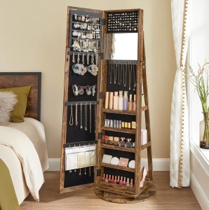 SONGMICS Oglinda de podea cu suport rotativ la 360°, cu spatiu de depozitare, 55x55x161cm, maro rustic - Img 1