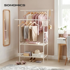 SONGMICS Raft de haine cu bara dubla pentru umerase, 2 polite, incarcare 70 kg, 114x45x171cm, alb - Img 3