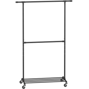 SONGMICS Suport pentru haine, cu raft si 2 sine de agatat, cadru metalic, cu roti, 130x49x198cm, industrial, negru - Img 1