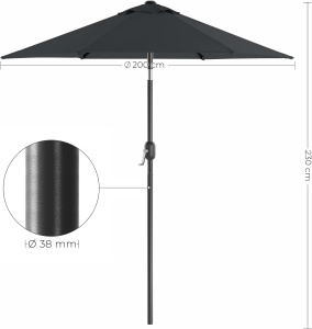 SONGMICS Umbrela de gradina, cu manivela pentru deschidere, sistem inclinare, 200cm, gri - Img 4