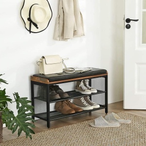 VASAGLE Banca pentru hol, cu raft suport de pantofi, sezut captusit imitatie piele, design industrial, 30x80x48cm, negru cu maro - Img 2