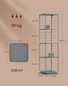 VASAGLE Biblioteca rotativa 360 grade, cadru metalic, cu 5 polite MDF, 43x43x158cm, gri - Img 3