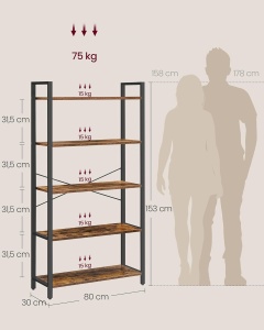 VASAGLE Biblioteca tip scara 80x30x153 cm, 5 rafturi deschise, stil industrial, maro rustic - Img 4