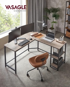 VASAGLE Birou de colt in forma de L, cu 2 rafturi de depozitare, 138x138x75cm, industrial, gri si negru - Img 4