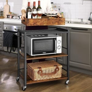 VASAGLE Carucior de servire pe roti pentru bucatarie, 3 polite, tava detasabila, stil industrial, 40x72x86cm, maro rustic - Img 2