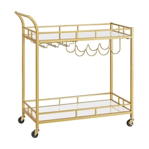 VASAGLE Carucior de servire pentru vin, suport sticle si pahare, cu 2 rafturi din sticla, 38x86x90cm, auriu - Img 1