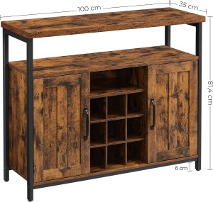 VASAGLE Comoda tip bufet, cu 2 usi si suport pentru sticle vin, stil industrial, 100x35x81cm, maro rustic si negru - Img 2