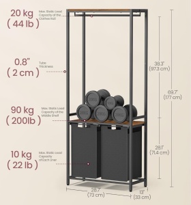 VASAGLE Cos de rufe, 2 compartimente, saci de rufe detasabili, 2 rafturi, tija umerase, 2x46L, 73x33x177cm, maro rustic - Img 2