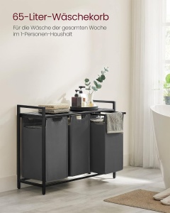 VASAGLE Cos de rufe, 3 compartimente, saci de rufe detasabili, raft, cadru metalic, 3x38L, 93x33x72 cm, negru - Img 3