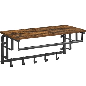 VASAGLE Cuier de perete cu raft de depozitare, 5 carlige detasabile, 30x66x27cm, maro rustic si negru - Img 1
