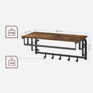 VASAGLE Cuier de perete cu raft de depozitare, 5 carlige detasabile, 30x66x27cm, maro rustic si negru - Img 2