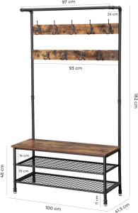 VASAGLE Cuier pentru haine cu 9 carlige si suport pentru pantofi, stil industrial, cadru din otel, 100x42x182 cm - Img 4