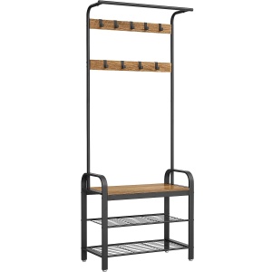 VASAGLE Cuier pentru haine, cu banc de depozitare a pantofilor, cu 9 carlige detasabile, o sina pentru haine, 34x72x183cm, industrial, nuc rustic si n - Img 1
