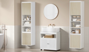 VASAGLE Dulap baie cu montare pe podea sau perete, 7 compartimente, 30x40x160 cm, alb bej - Img 2