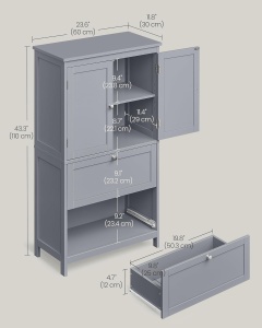 VASAGLE Dulap de baie, din MDF, cu 2 sertare si 2 usi, raft reglabil, 30x60x110cm, gri - Img 3